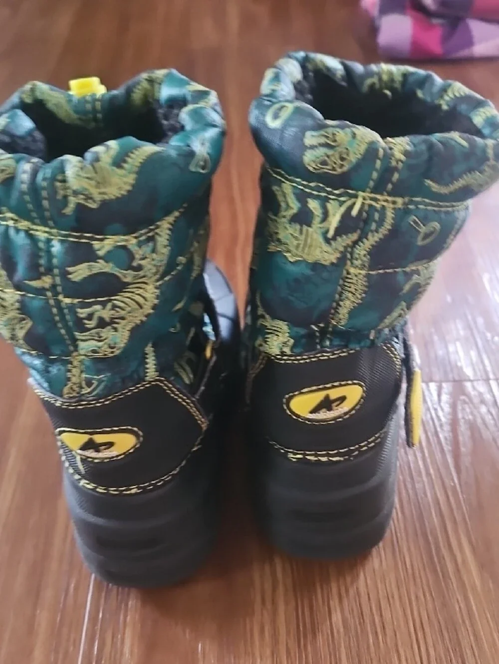 Kids Green & Black Winter Boots with Dinosaur Print